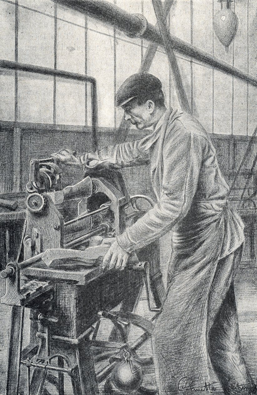 Snijden van geweerkolven in een wapenfabriek Gravure door Pierre Calmette Privécollectie door Pierre Calmettes