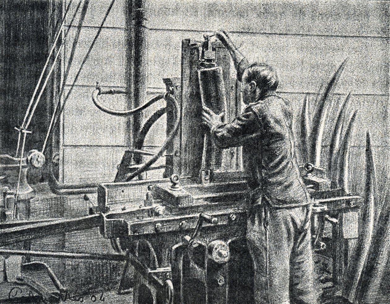 Ivoorbewerker snijdt olifantenslagtanden Gravure uit "Excursion a travers les metiers" door Pierre Calmette Privécollectie door Pierre Calmettes