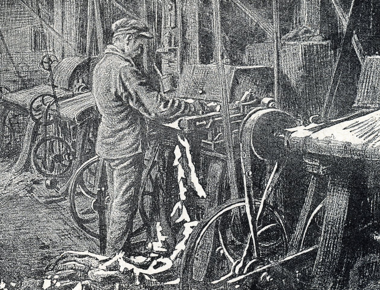 Leerindustrie: mechanisch maaien van vachten Gravure uit "Excursion a travers les metiers" door Pierre Calmette Privécollectie door Pierre Calmettes