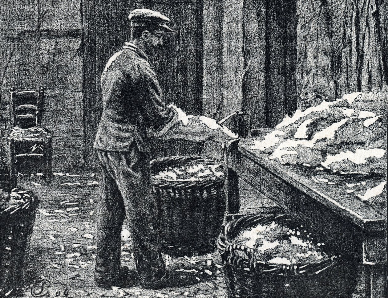 Leer: splitsen van konijnenhuiden om leer te maken Gravure uit "Excursion a travers les metiers" door Pierre Calmette Privécollectie door Pierre Calmettes