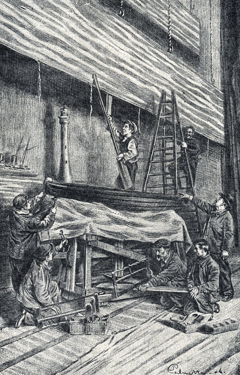 Rekwisietenmeesters: het opzetten van toneeldecors voor de voorstelling. Gravure uit 