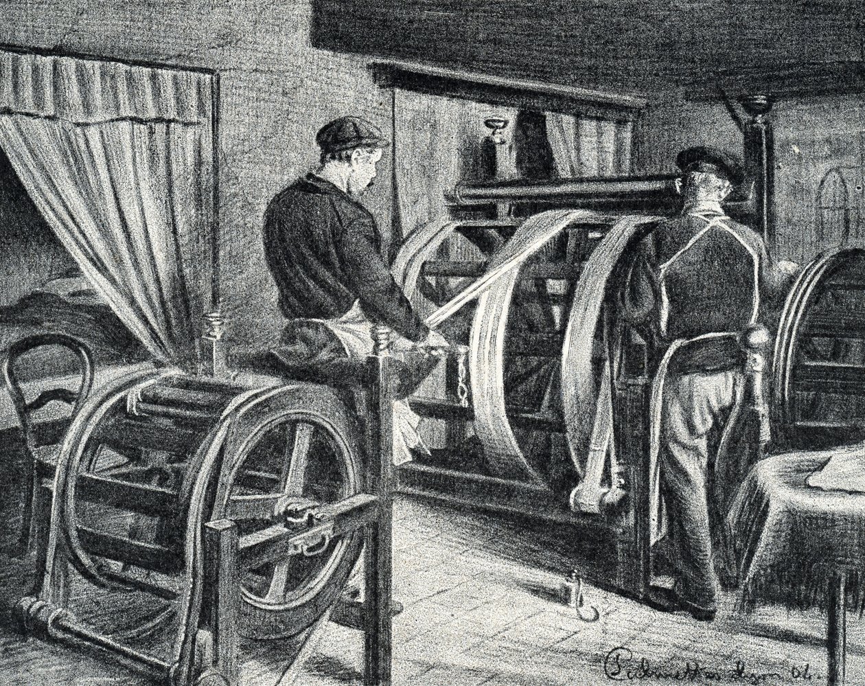 Zijdewerk: het afrollen van de zijde gravure uit "Excursie door de beroepen" door Pierre Calmette door Pierre Calmettes