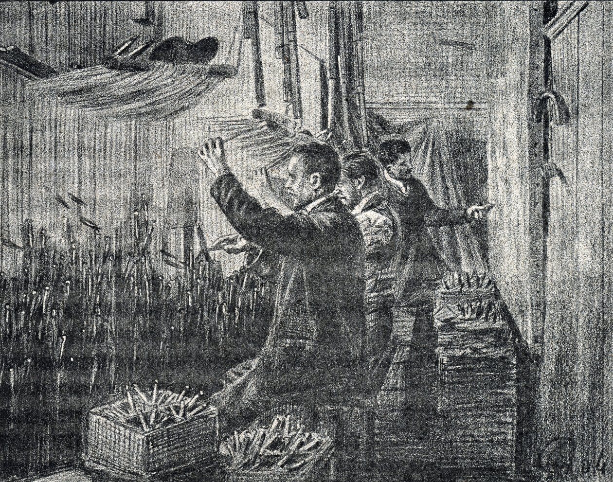 Tapijt van Aubusson: de stoffeerders werken ondersteboven Gravure uit "Excursion a travers les metiers" door Pierre Calmette Privécollectie door Pierre Calmettes