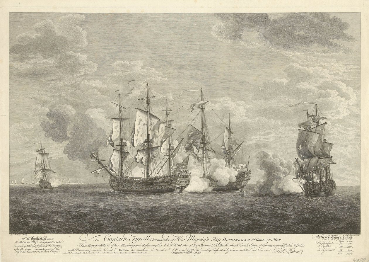 Aanval van een Engels schip op drie Franse schepen bij Sint Eustatius, 1758 door Pierre Charles Canot