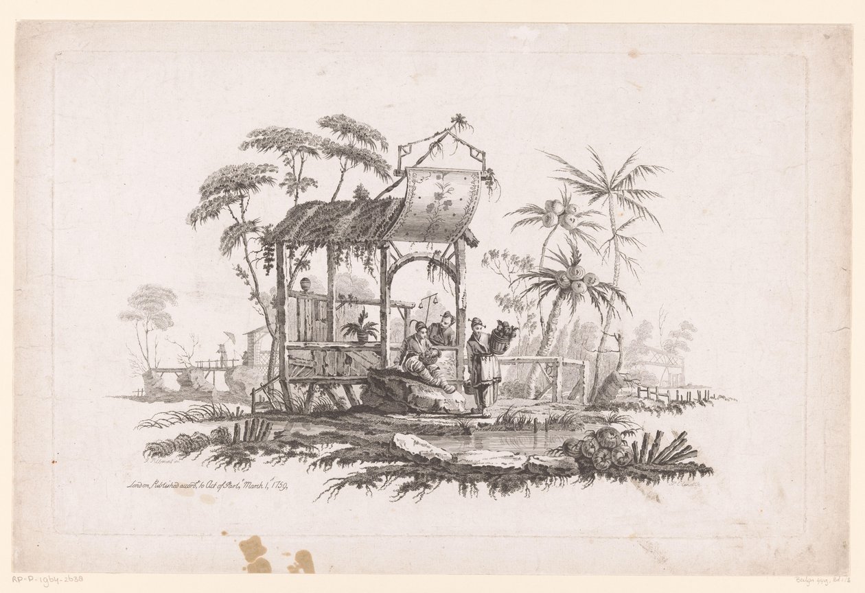 Figuren met manden op oever door Pierre Charles Canot