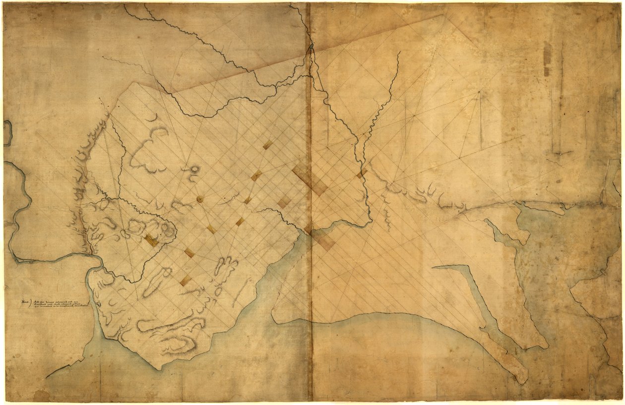 Kaart met stippellijnen van Washington, D.C., 1791, voor 19 aug. LOC 88694203 door Pierre Charles L