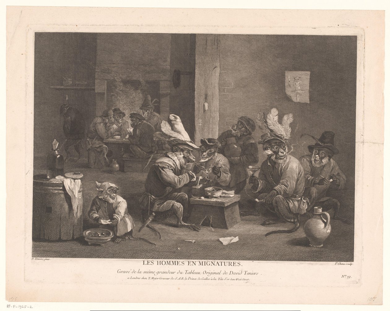 Rokende en drinkende apen in een herberg door Pierre Chenu