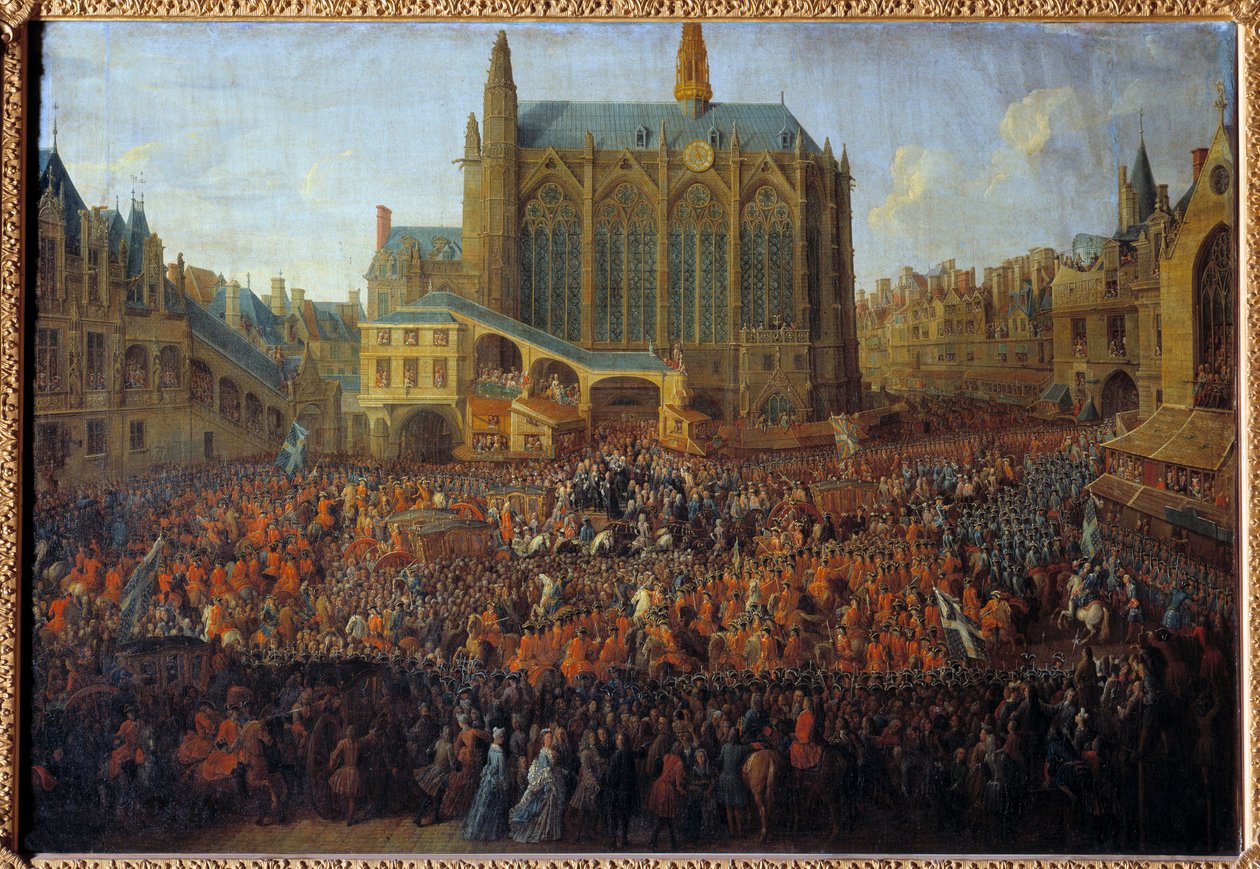 Vertrek van Lodewijk XV na het bed van gerechtigheid dat de wil van Lodewijk XIV brak, gehouden in de Grote Kamer van het Parlement van Parijs door Pierre Denis Martin