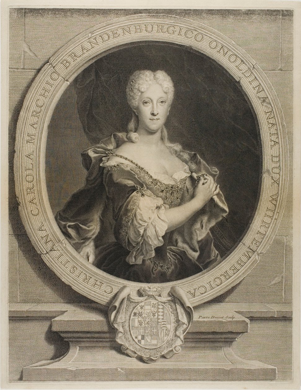 Portret van Christine-Caroline, de markgravin van Brandenbourg-Onoltzbach, vrouw van Guillaume-Frédéric van Württemberg, 1694-1723 door Pierre Drevet