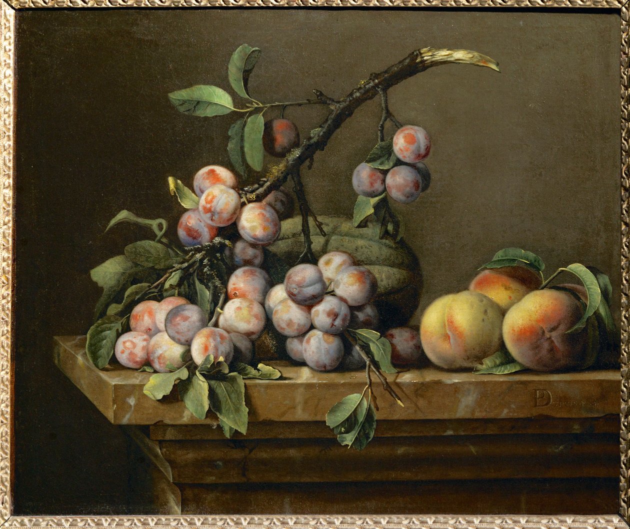 Pruimen, kalebassen en perziken op een marmeren hoofdgestel ... door Pierre Dupuis