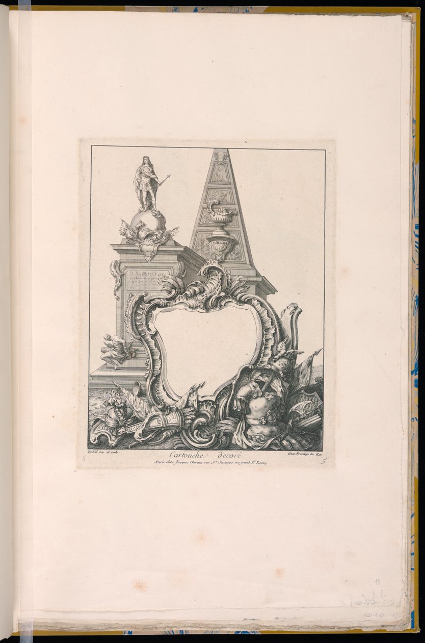 Cartouche met Trofeeën, een Standbeeld en een Piramide door Pierre Edme Babel