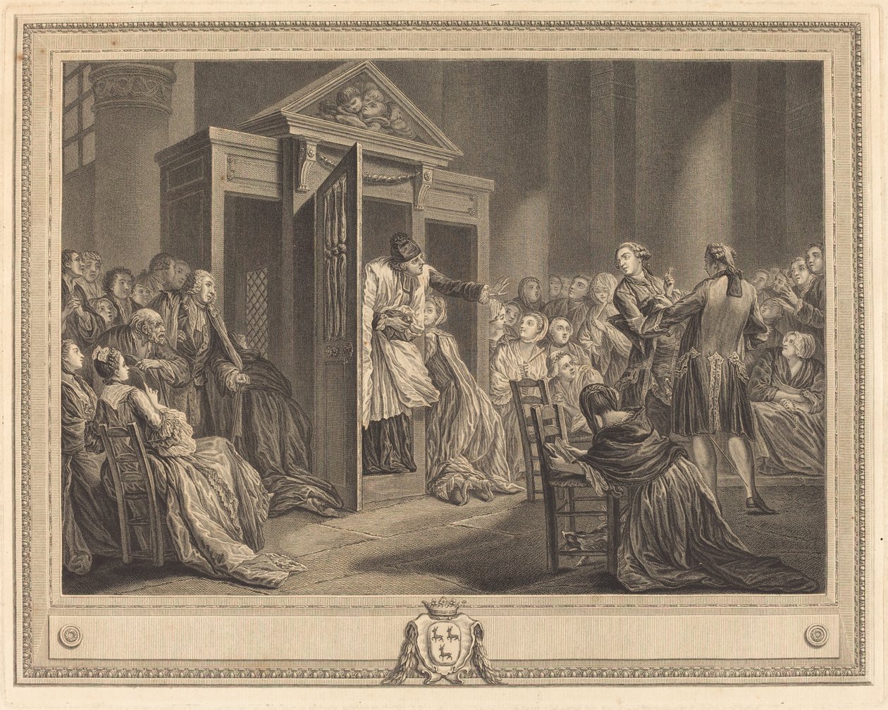 De biechtstoel door Pierre Etienne Moitte after Pierre Antoine Baudouin