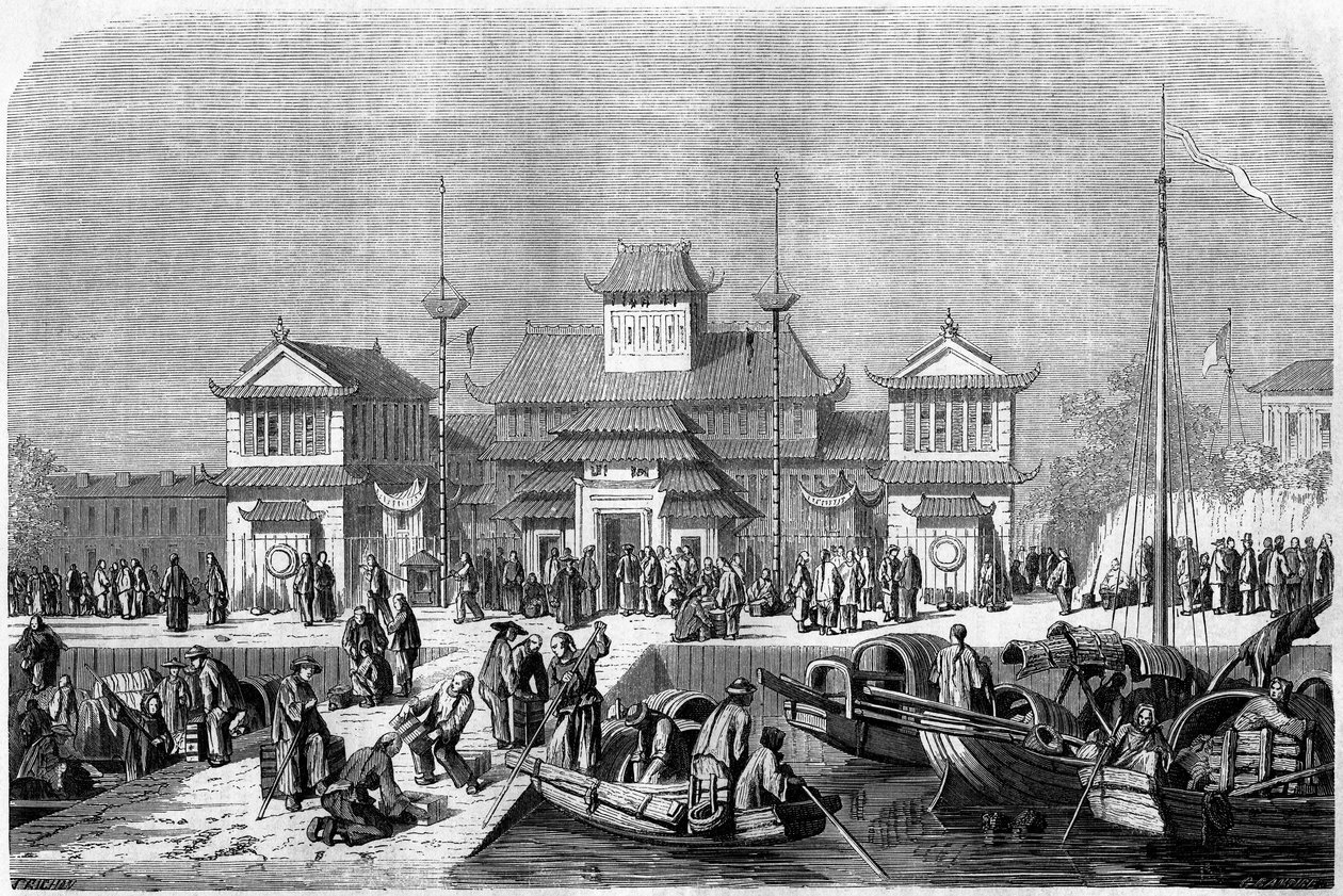 Douanezicht in de haven van Shanghai in 1860, China. Gravure door Grandsire, in 