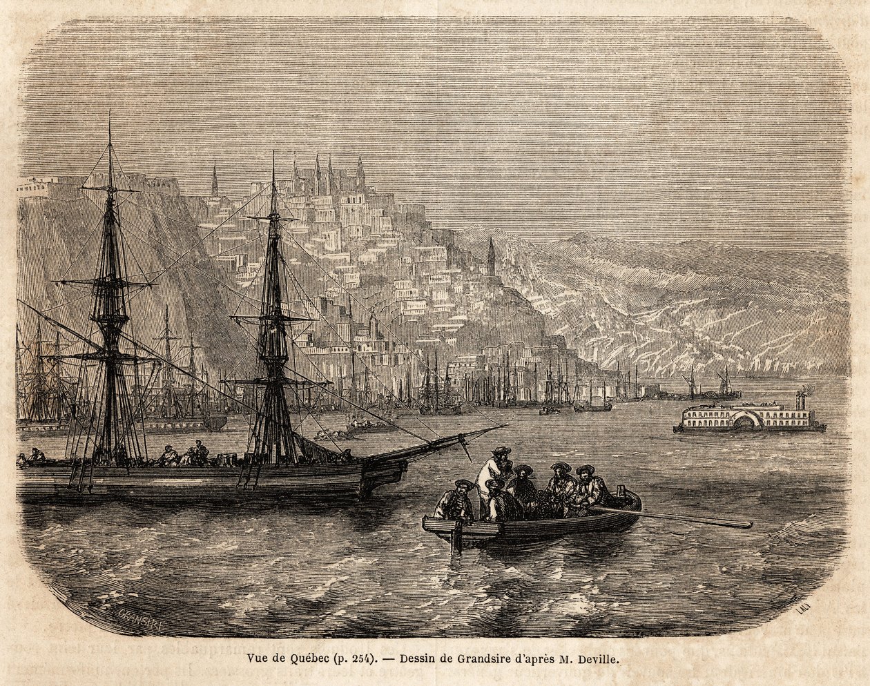 Uitzicht op Quebec, tekening door Grandsire, ter illustratie van de reizen naar Noord-Amerika in 1854-1855, door L. Deville. Gravure in "Le tour du monde" 1861. Selva