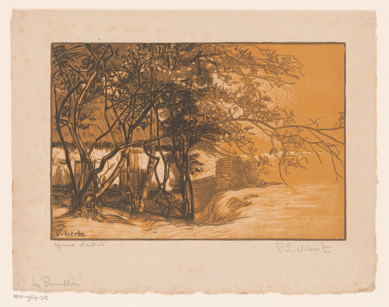Landschap met boerderij achter bomen door Pierre Eugène Vibert (signed by artist)