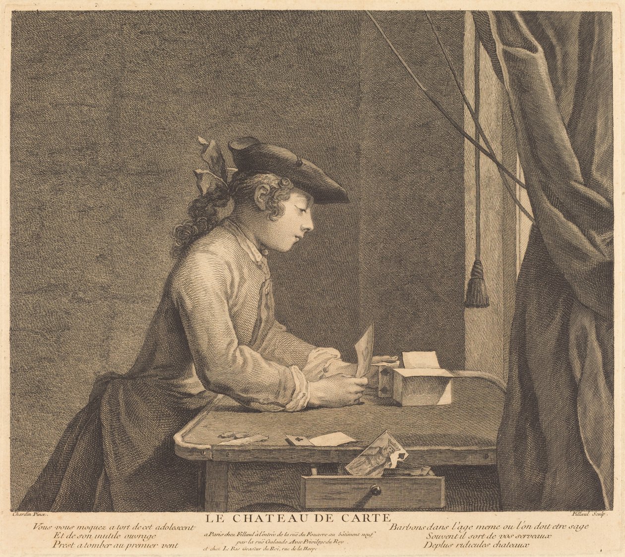 Het kaartenhuis door Pierre Filloeul after Jean Siméon Chardin