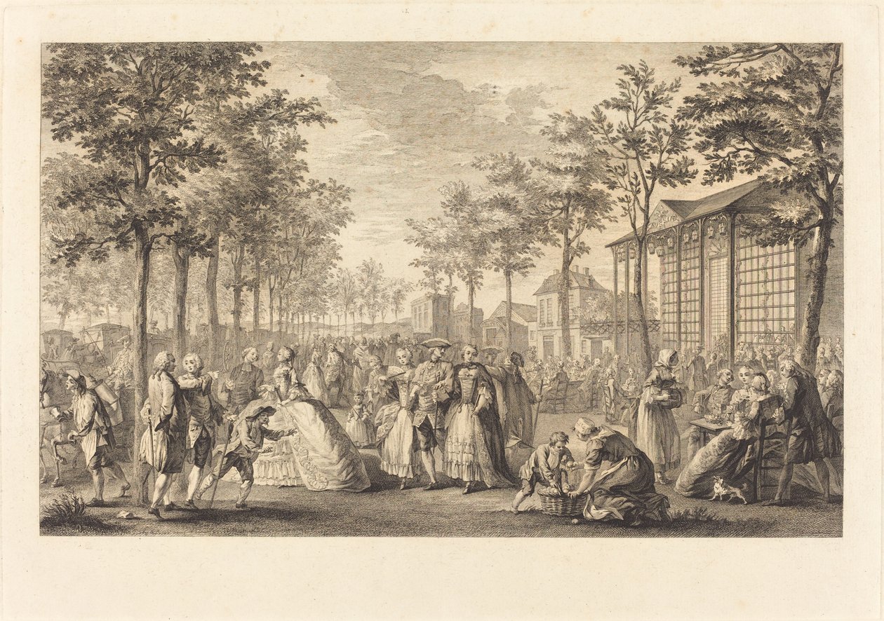 De wandeling op de wallen van Parijs door Pierre Francois Courtois after Augustin de Saint Aubin