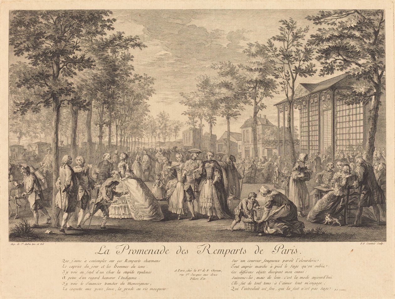 De wandeling op de wallen van Parijs door Pierre Francois Courtois after Augustin de Saint Aubin