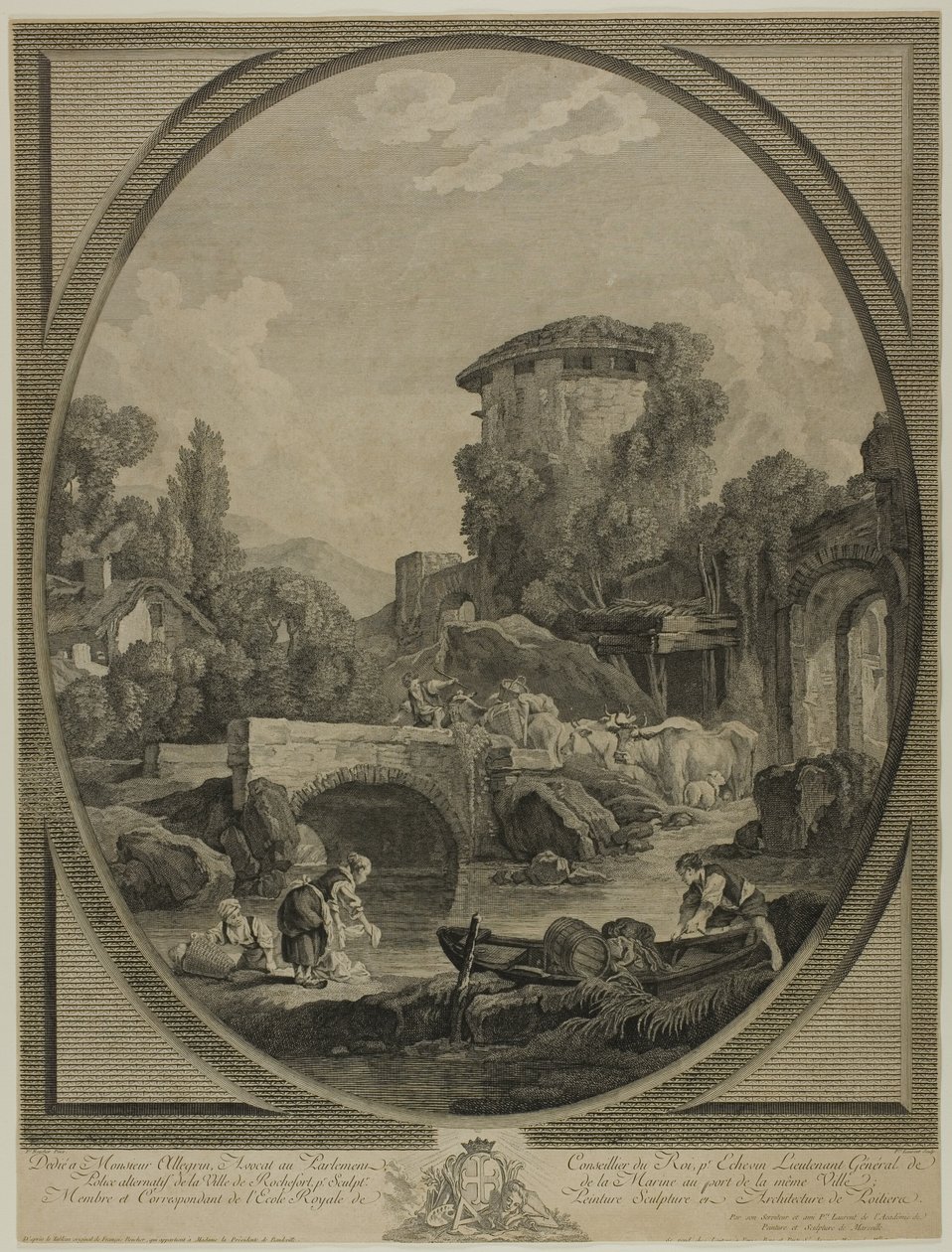 Landschap met een brug en een duiventil door Pierre Francois Laurent