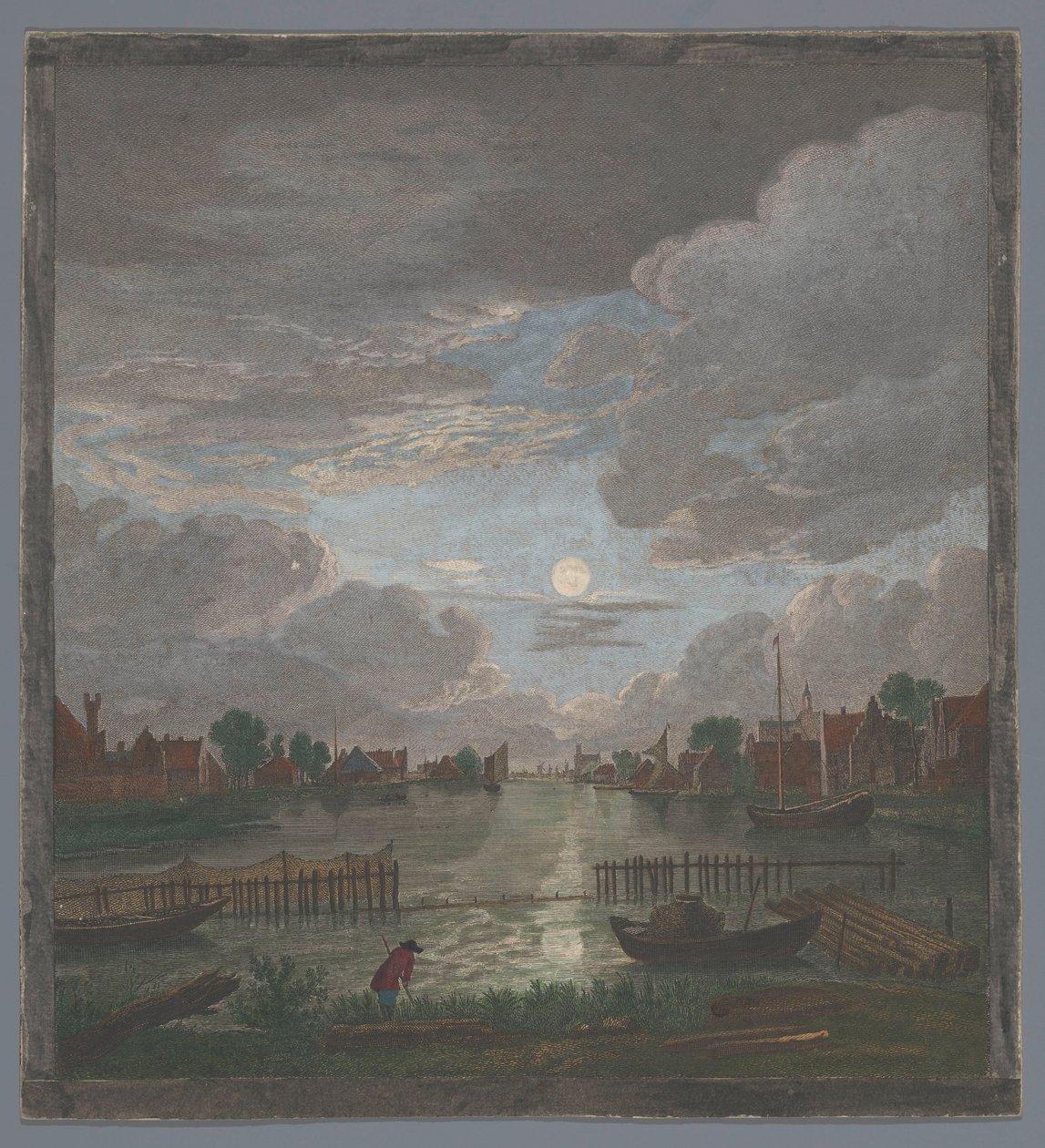 Gezicht op een kanaal in de omgeving van de stad Haarlem bij maanlicht door Pierre François Basan