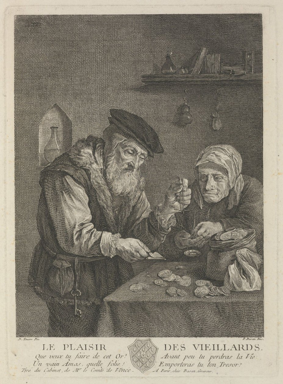Pleziertjes van de oude dag naar het schilderij van David Teniers de Jongere, midden 18e eeuw door Pierre François Basan
