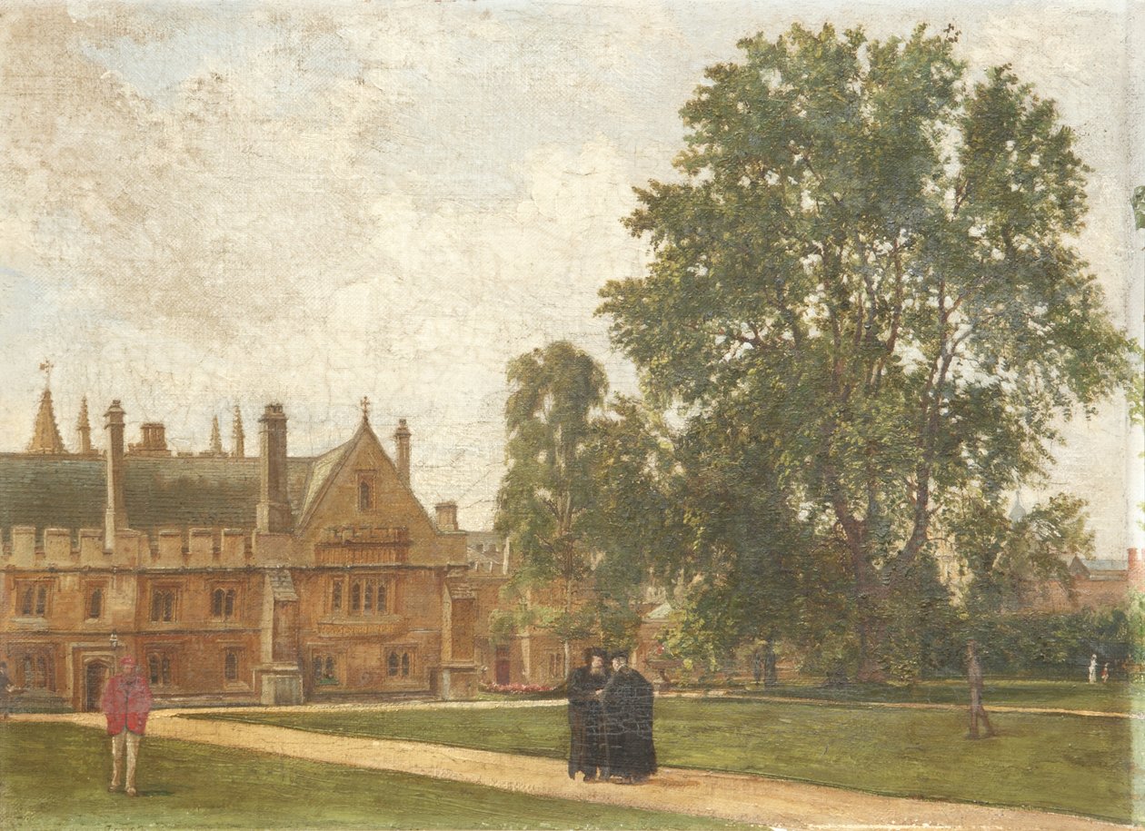 In de tuinen van Magdalen College, met portretten van Magdalen Fellows: Dominee T. H. T. Hopkins, Dominee H. R. Bramley, Dominee J. Rigaud en Dominee H. F. Garnsey, 1882 door Pierre François Joseph Tonneau