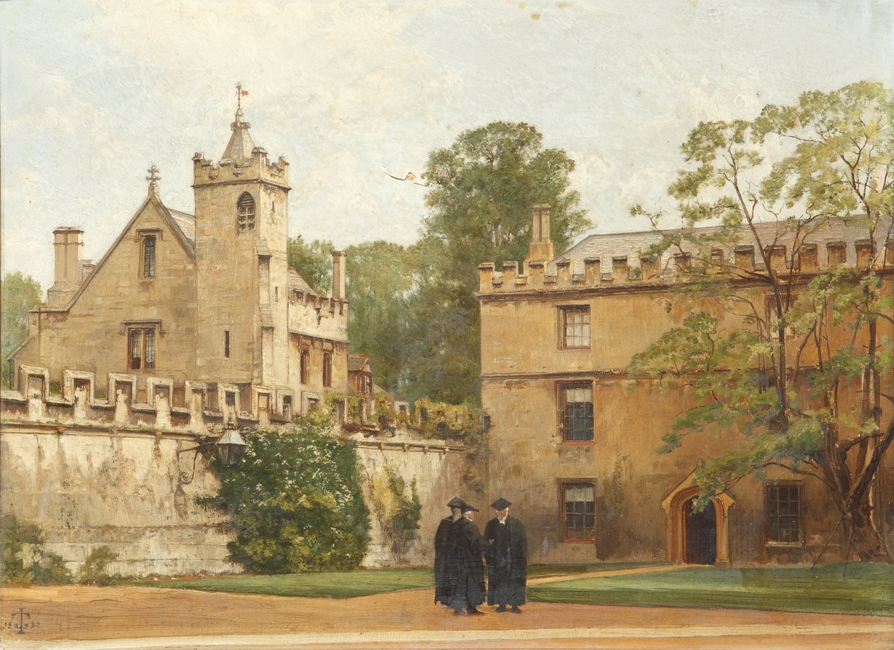 De Grammatica Hal vanuit St. Johns Quadrangle in 1881: President Bulley in de Lodgings Drive en twee anderen, 1881 door Pierre François Joseph Tonneau