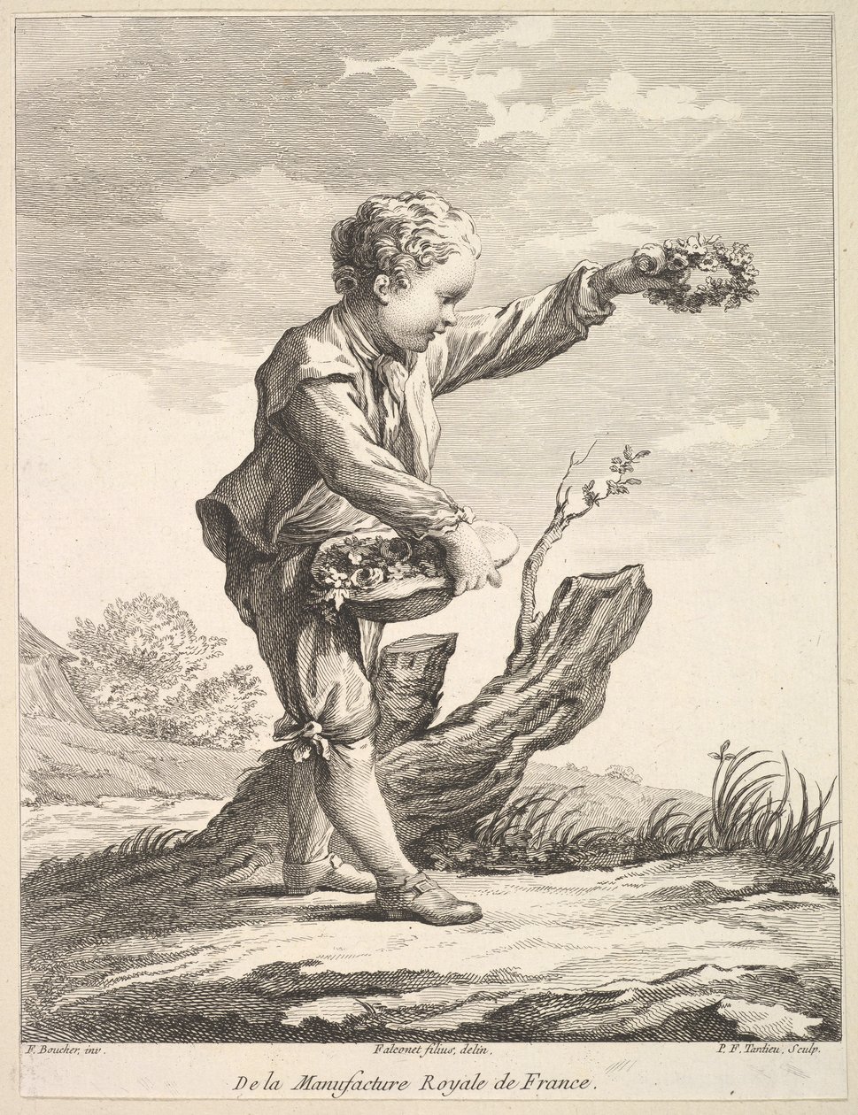 Kleine jongen met een krans en mand met bloemen, uit Deuxième Livre de Figures d