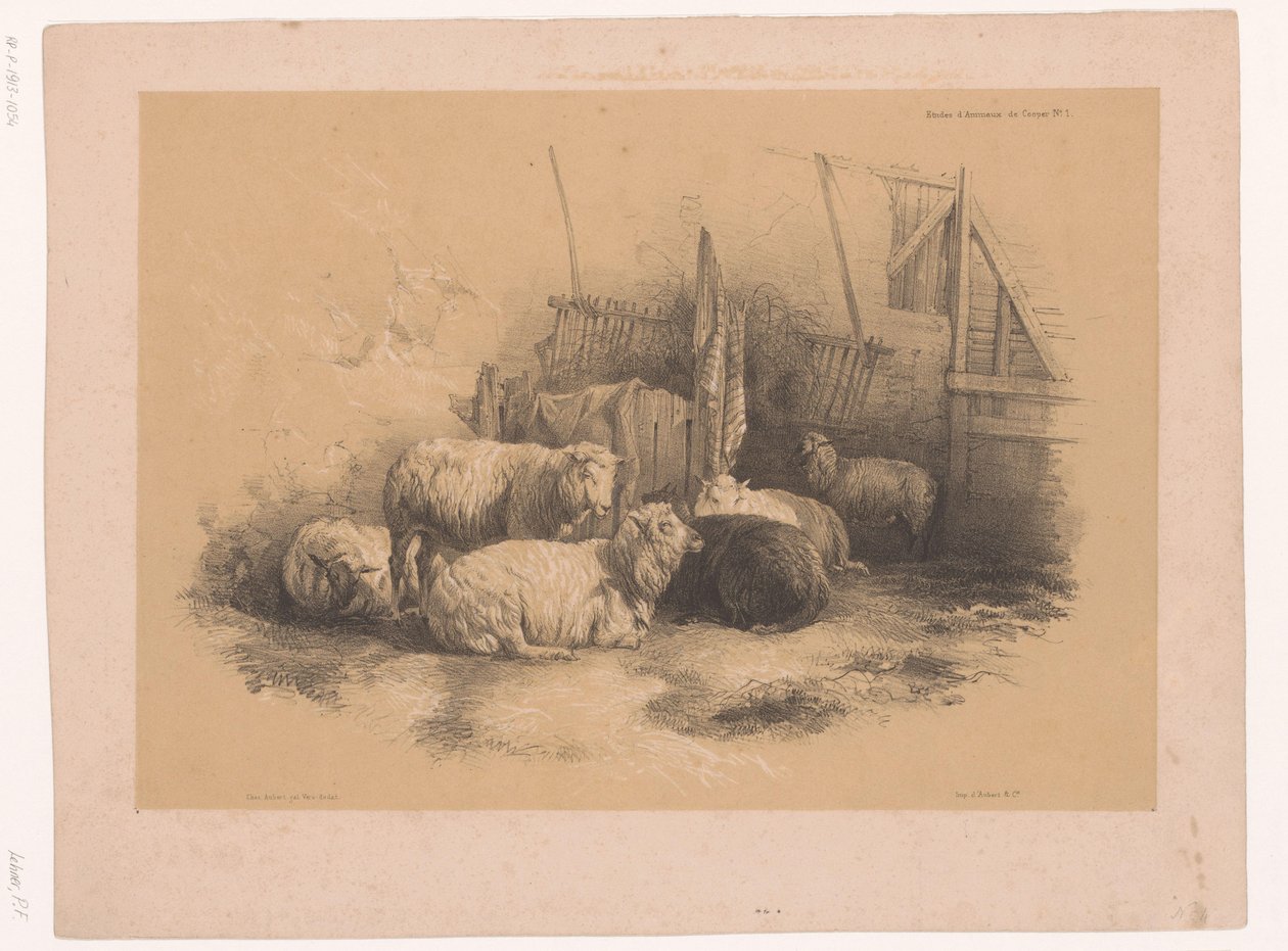 Studie van een kudde schapen bij een hek door Pierre Frédéric Lehnert