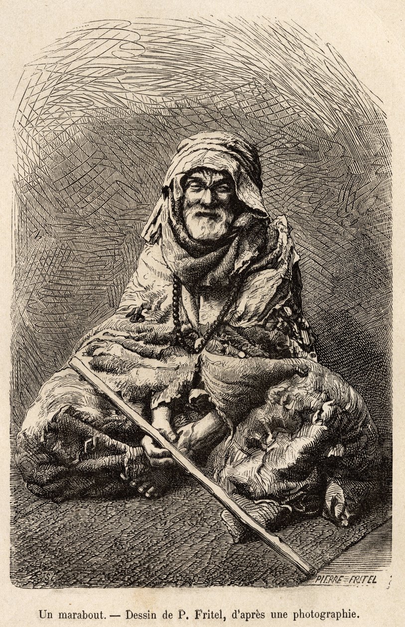 Een marabout, een asceet die beweert islamitisch of moslim syncretisme te zijn, beschouwd als een heilige man en een wijze man, hij was het onderwerp van een volkscultus in Noord-Afrika, gegraveerd naar een tekening van Fritel, ter illustratie van de reis  door Pierre Fritel