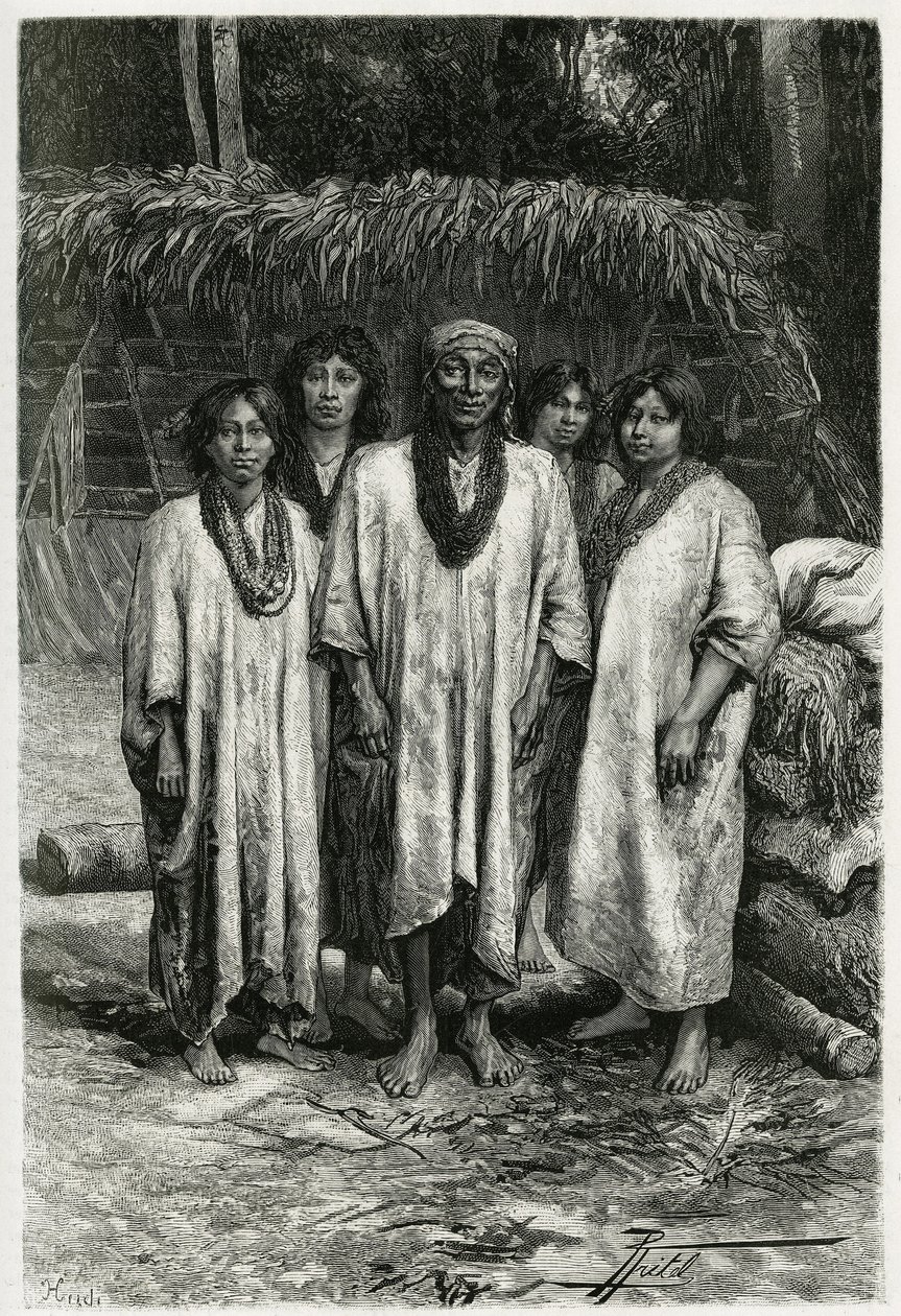 Hoofd Lacandon en Lacandon-types, Maya-volk dat in de jungles van Chiapas (Mexico) leeft. Gravure door P. Fritel, ter illustratie van het verhaal 