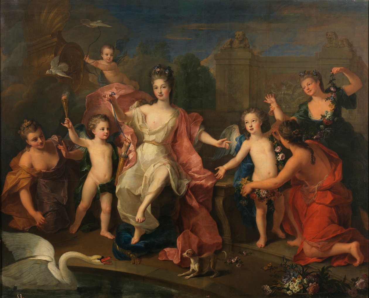 Spaans:  María Adelaida de Saboya, duquesa de Borgoña con sus hijos De hertogin van Bourgondië met haar twee zonen, de hertogen van Bretagne en Anjou (de toekomstige Lodewijk XV) door Pierre Gobert