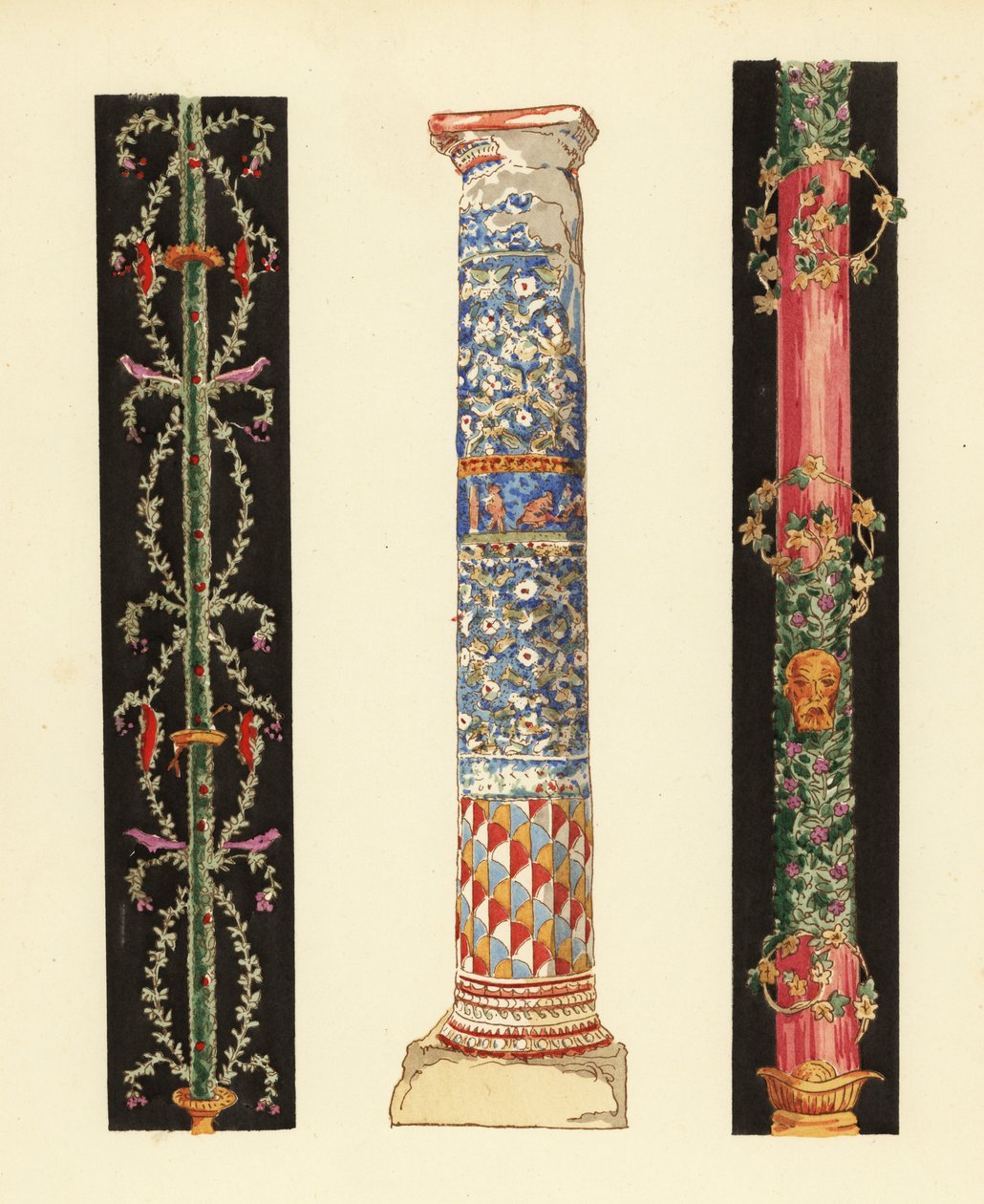 Decoratieve kandelabers in de Vierde Pompeïsche Stijl (1,3) en kolom van emailmozaïek (2), Pompeii door Pierre Gusman
