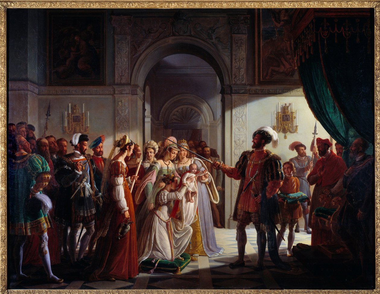Francois I als gewapende ridder met zijn kleinzoon Francois II, vergezeld door zijn ouders Henry II en Catherine de Medici door Pierre Henri Revoil