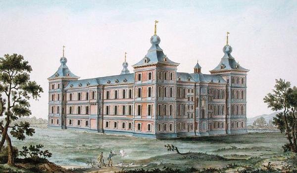 Kasteel in Ronse, België, uit Choix des Monuments, Edifices et Maisons les plus remarquables du Royaume des Pays-Bas door Pierre Jacques Goetghebuer, gepubliceerd 1827 door Pierre Jacques Goetghebuer