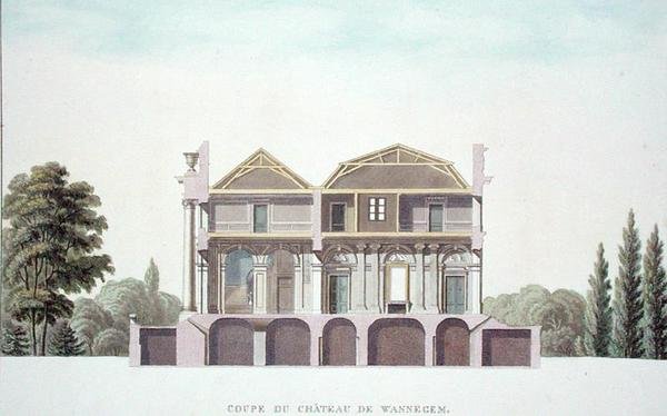 Doorsnede van het kasteel van Wannagem, nabij Oudenaarde, België, uit Choix des Monuments, Edifices et Maisons les plus remarquables du Royaume des Pays-Bas door Pierre Jacques Goetghebuer, gepubliceerd 1827 door Pierre Jacques Goetghebuer