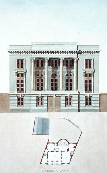 Huis in Gent, België, uit Choix des Monuments, Edifices et Maisons les plus remarquables du Royaume des Pays-Bas door Pierre Jacques Goetghebuer, gepubliceerd 1827 door Pierre Jacques Goetghebuer