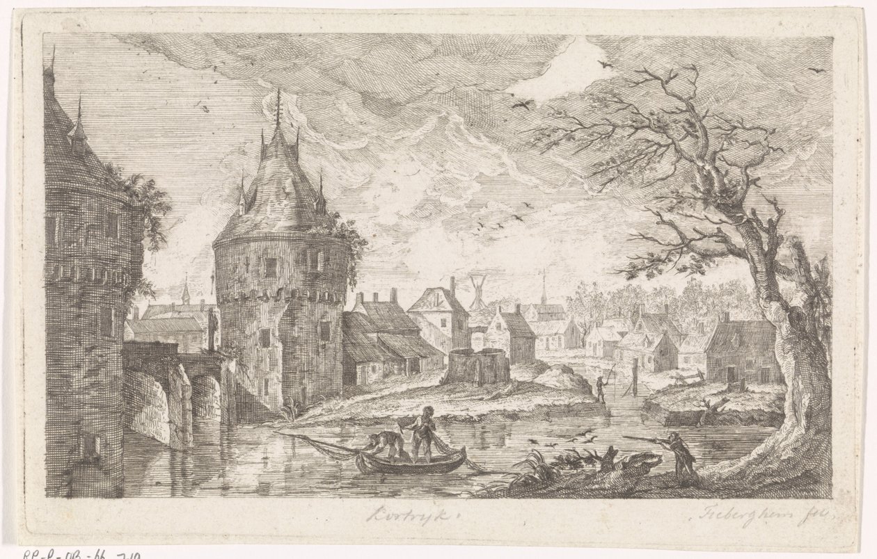 Dorpsgezicht met vissers door Pierre Joseph Jacques Tiberghien