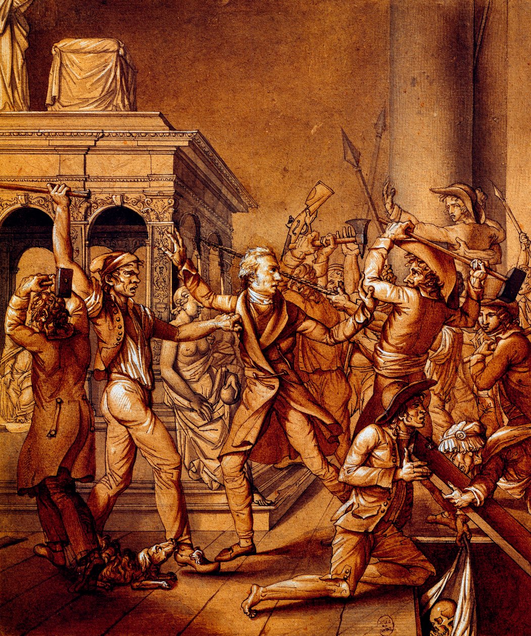Alexandre Lenoir verzet zich tegen de revolutionairen bij het graf van koning Lodewijk XII in de koninklijke basiliek van Saint Denis in 1793 door Pierre Joseph Lafontaine