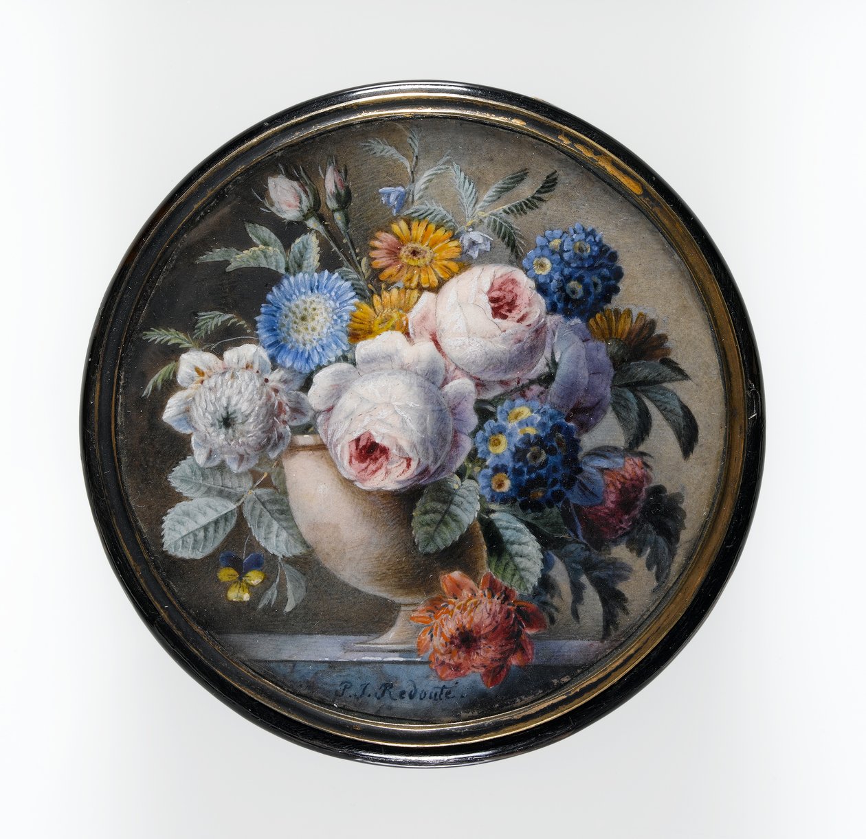 Schildpaddoos met een Miniatuur van Bloemen in een Stenen Vaas op een Marmeren Plaat, 1827 door Pierre Joseph Redouté