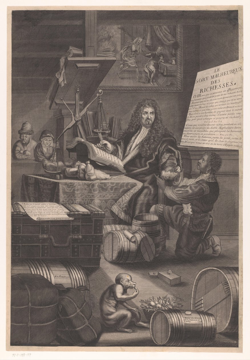 Goudweger met bediende met waarschuwingen over de gevaren van rijkdom door Pierre Landry (attributed to)