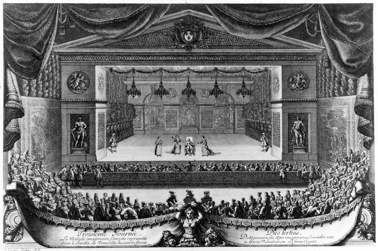 Derde dag: Le Malade imaginaire (door Molière), komedie opgevoerd in de tuin van Versailles voor de Grot in 1676, gravure door Pierre Lepautre (1660-1744) door Pierre Lepautre