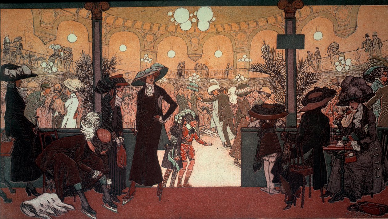 Het Palais des Glaces: Uitzicht vanuit het interieur van het Palais des Glaces op de Champs Elysees in Parijs: de schaatsbaan door Pierre Louis Gatier