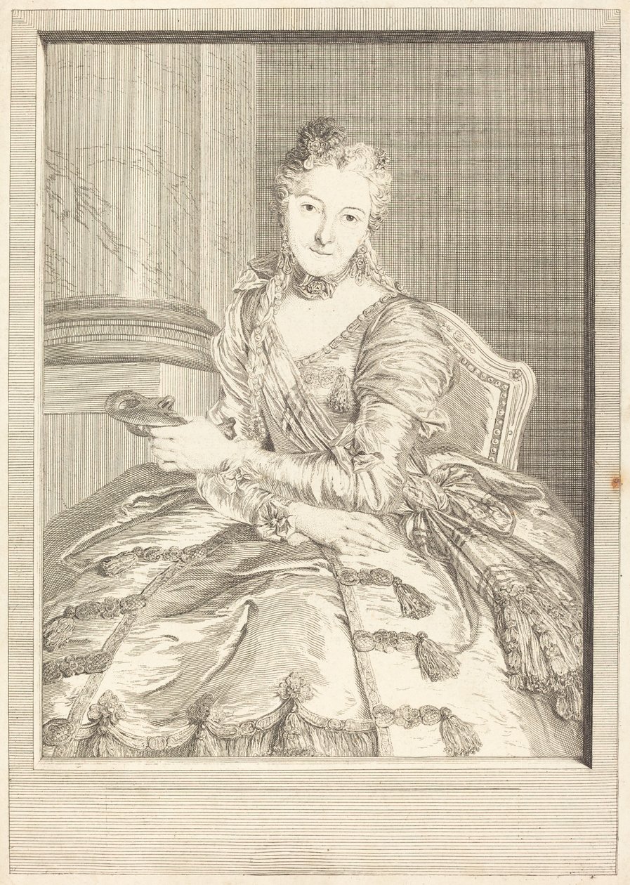 Mevrouw de M ... in Baljurk door Pierre Louis de Surugue after Charles Antoine Coypel
