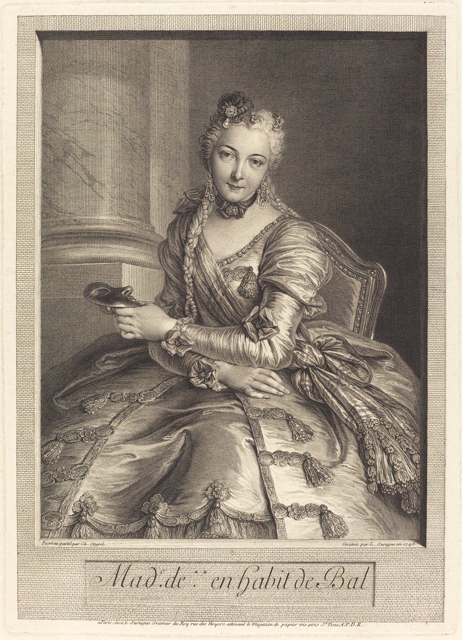 Mevrouw de M ... in Baljurk door Pierre Louis de Surugue after Charles Antoine Coypel