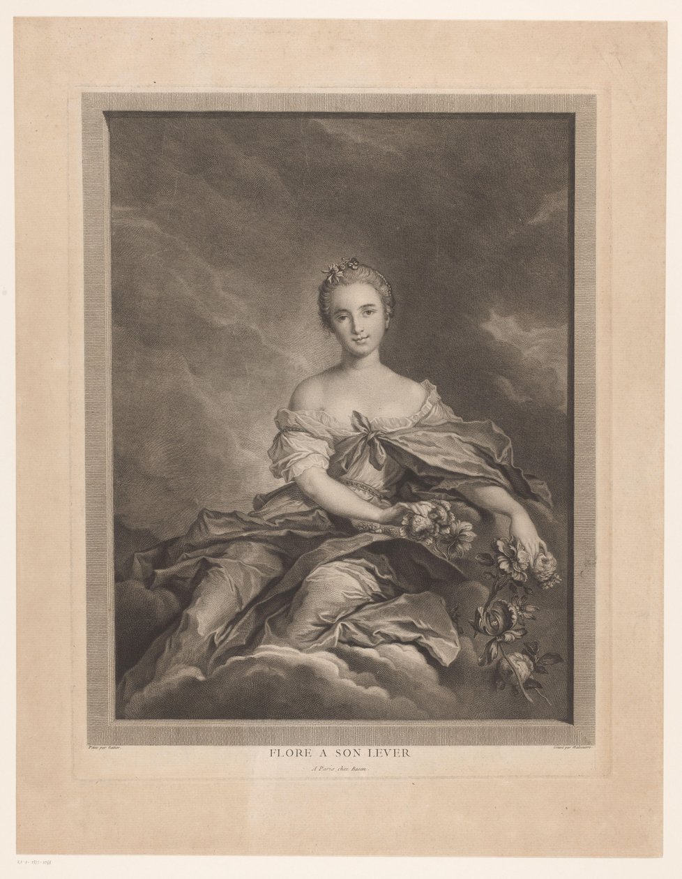 Flora op wolken met bloemen in de hand door Pierre Maloeuvre