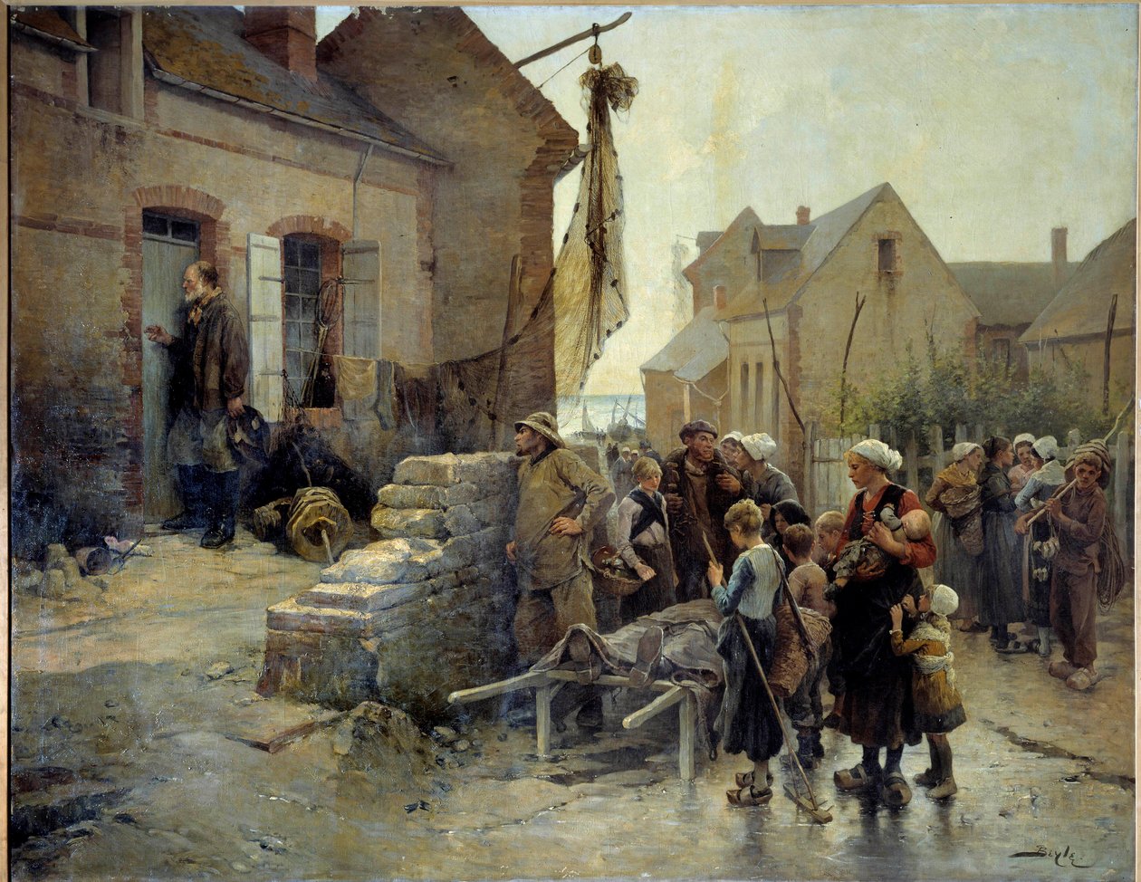 Terugkeer van de storm. Een zeeman klopt aan de deur van een vrouw van een visser die in een storm is omgekomen om haar het nieuws te vertellen door Pierre Marie Beyle