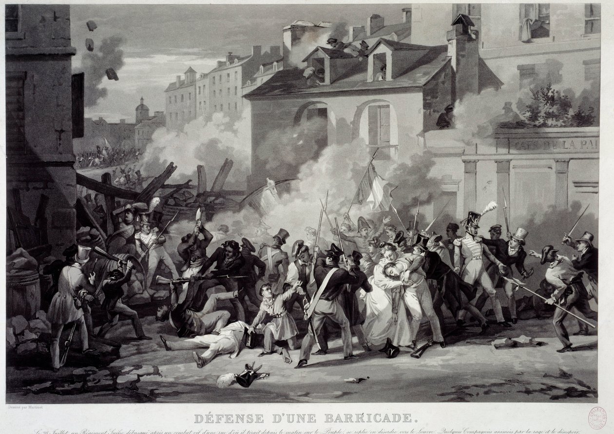Verdediging van een barricade tijdens de Julirevolutie door Pierre Martinet