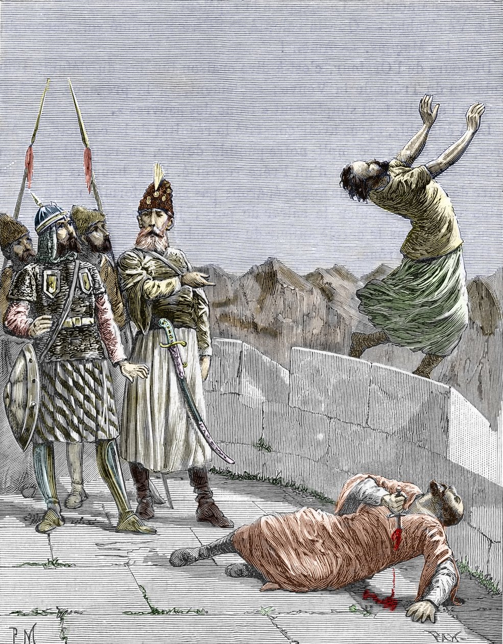 Ismaili-sekte van het oosten of moordenaars opgericht door Hassan ibn al-Sabbah (1036-1124), bekend als de oude man van de Berg, die twee van zijn fanatieke volgelingen opdracht gaf zichzelf te doden, Alamut, Perzië, rond 1096 (Nizari Ismailisme: voorstell door Pierre Mejanel