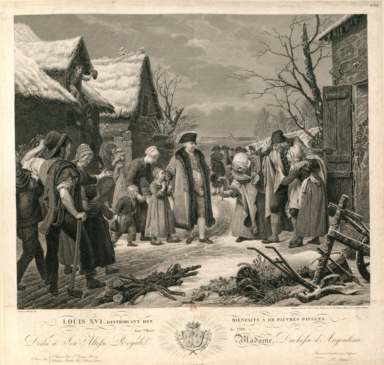 Lodewijk XVI deelt aalmoezen uit aan de arme boeren in de winter van 1788 door Pierre Michel Adam